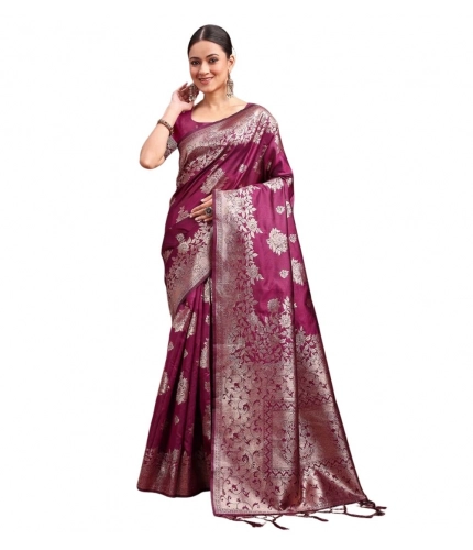 Women's Banarasi Silk Printed Saree With Unstitched Blouse 5.5Mtr (Purple)