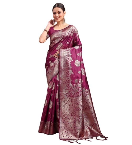 Women's Banarasi Silk Printed Saree With Unstitched Blouse 5.5Mtr (Purple)