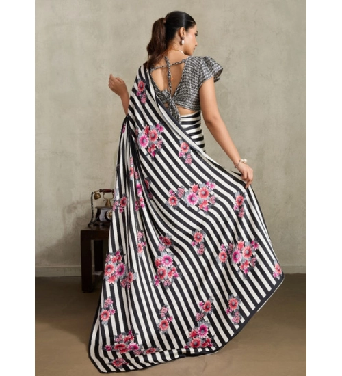 Women's Satin Crepe Printed Saree With Unstitched Blouse 5.5Mtr (Black)