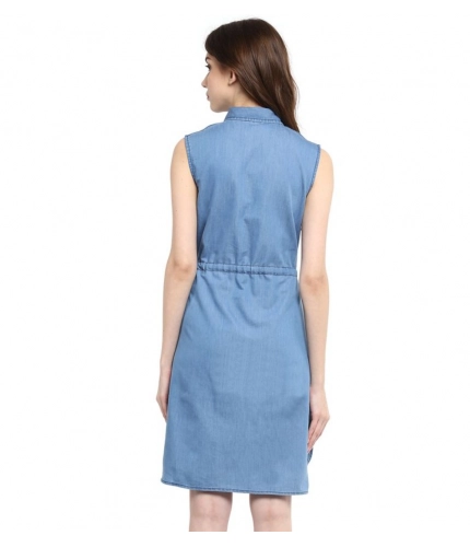 Women's Denim Solid Sleeveless Dress (Blue)