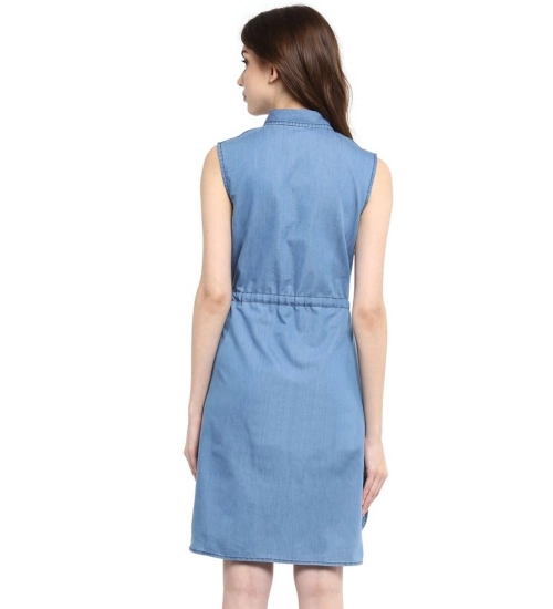 Women's Denim Solid Sleeveless Dress (Blue) Women's Denim Solid Sleeveless Dress (Blue)