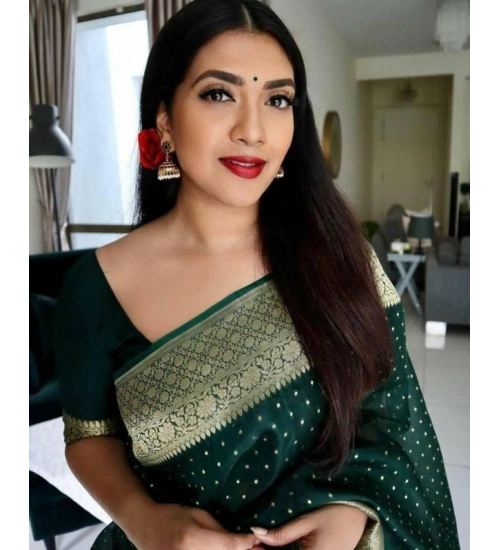 Women's Litchi silk Printed Saree With Unstitched Blouse (Green)