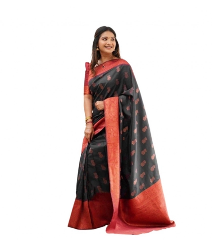 Women's Litchi silk Printed Saree With Unstitched Blouse (Grey)