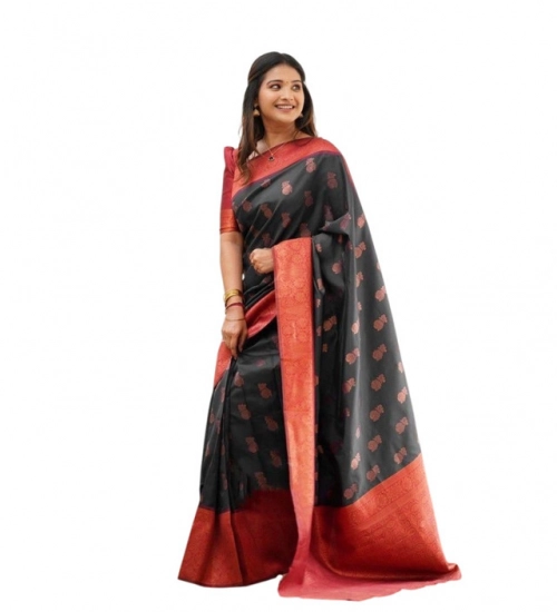 Women's Litchi silk Printed Saree With Unstitched Blouse (Grey)
