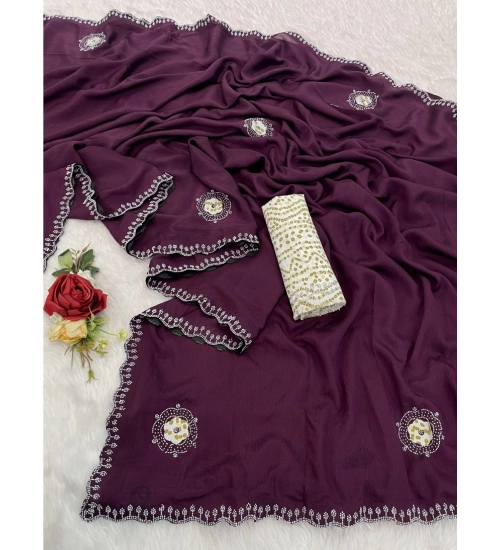 Women's Chiffon Butti Dotted Saree With Unstitched Blouse 5.5Mtr (Wine)