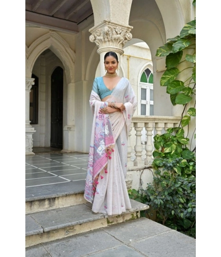 Women's Blended_Cotton Floral Weaving Pattern Saree With Unstitched Blouse 5.5Mtr (Pink)