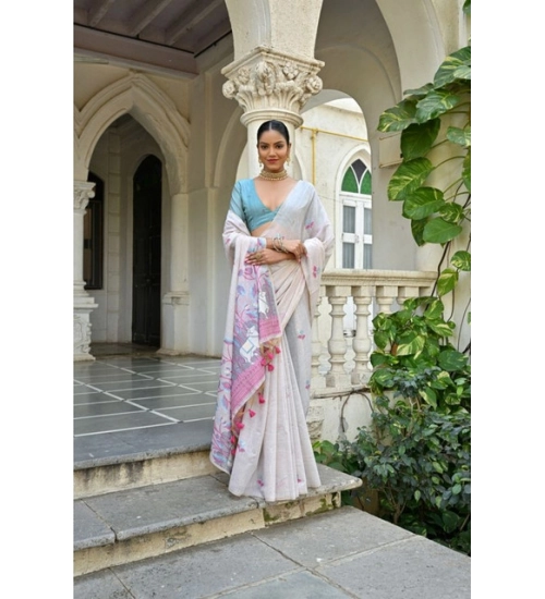 Women's Blended_Cotton Floral Weaving Pattern Saree With Unstitched Blouse 5.5Mtr (Pink)