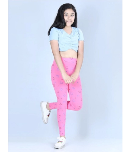 Girl's Cotton Lycra Printed Elasticated Leggings (Light Pink)