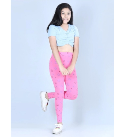Girl's Cotton Lycra Printed Elasticated Leggings (Light Pink)