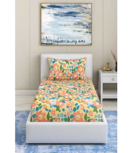 Cotton Blend Floral Printed Single Bedsheet with 1 Pillow Cover (Yellow)