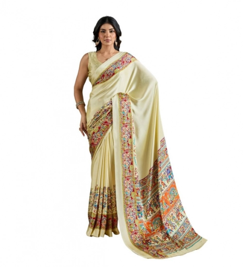 Women's Satin Crepe Printed Saree With Unstitched Blouse 5.5Mtr (Cream)