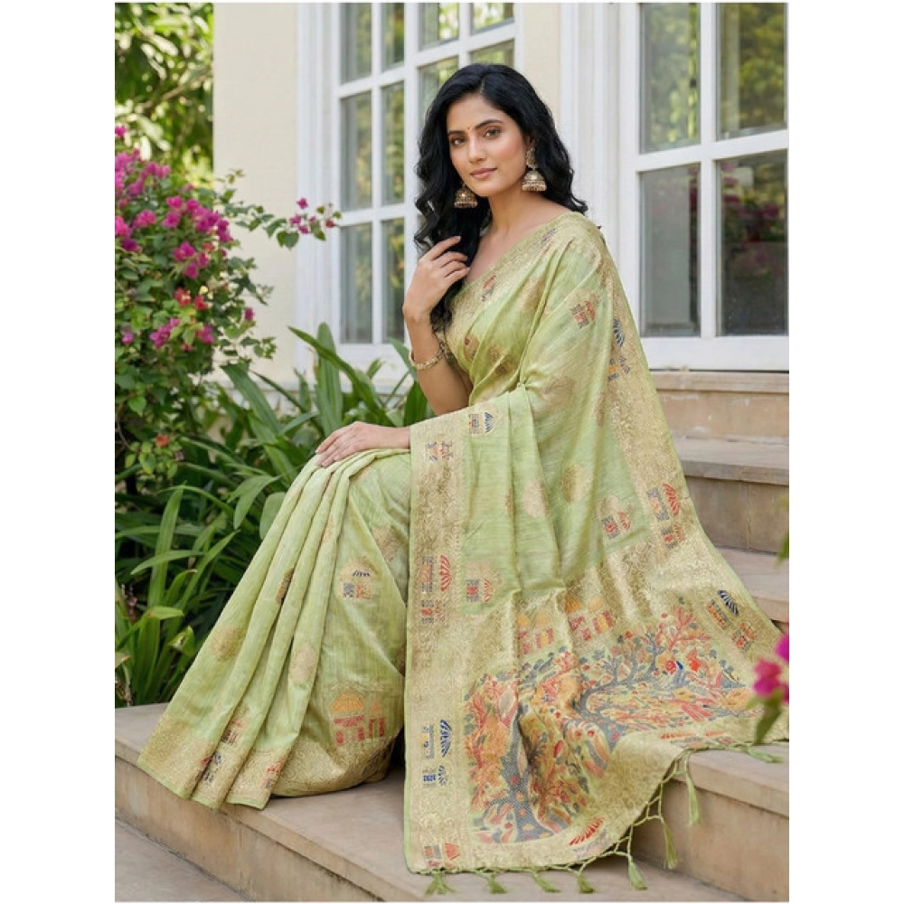 Women's Linen Cotton Printed Saree With Unstitched Blouse 5.5Mtr (Light Green) Women's Linen Cotton Printed Saree With Unstitched Blouse 5.5Mtr (Light Green)