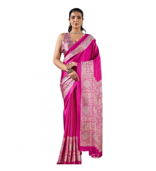 Women's Satin Crepe Printed Saree With Unstitched Blouse 5.5Mtr (Pink)