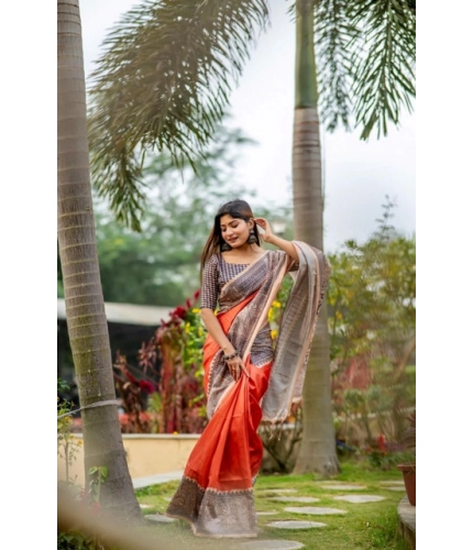 Women's Faux_Tussar Geometric_Print Saree With Unstitched Blouse 5.5Mtr (Orange)