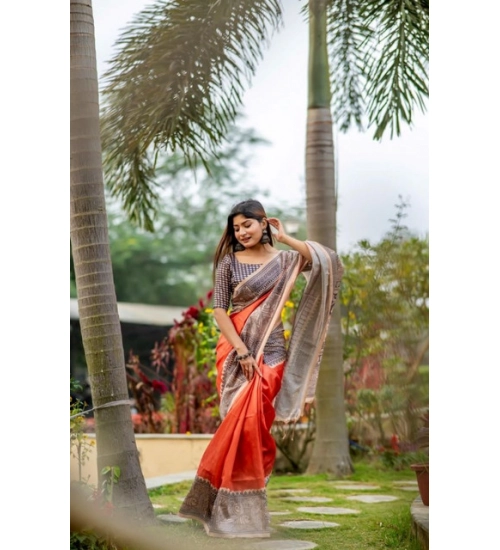 Women's Faux_Tussar Geometric_Print Saree With Unstitched Blouse 5.5Mtr (Orange)