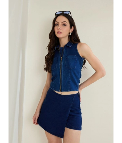 Women's Denim Lycra Solid Sleeveless Top (Blue)