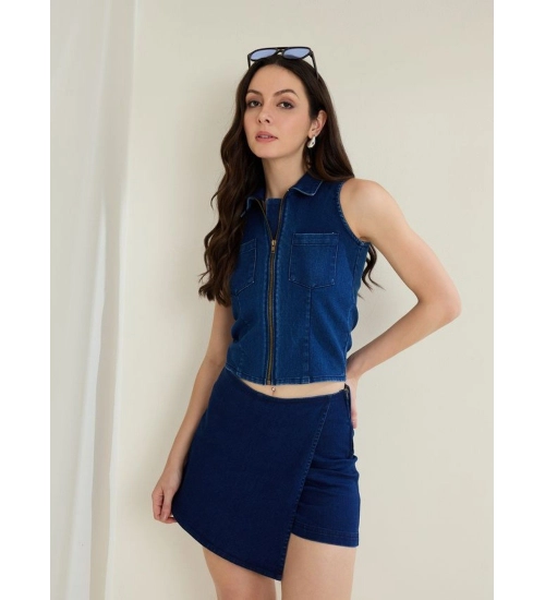 Women's Denim Lycra Solid Sleeveless Top (Blue) Women's Denim Lycra Solid Sleeveless Top (Blue)