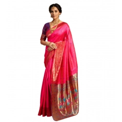 Women's Silk Blend Zari Woven Saree With Unstitched Blouse 5.5Mtr (Pink)