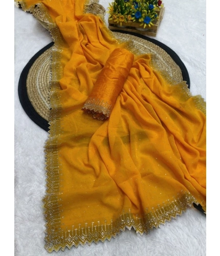 Women's Georgette Stone Work Saree With Unstitched Blouse 5.5Mtr (Yellow) Women's Georgette Stone Work Saree With Unstitched Blouse 5.5Mtr (Yellow)
