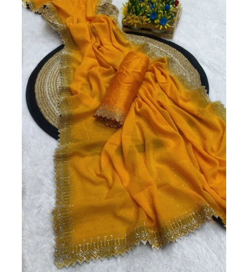 Women's Georgette Stone Work Saree With Unstitched Blouse 5.5Mtr (Yellow)