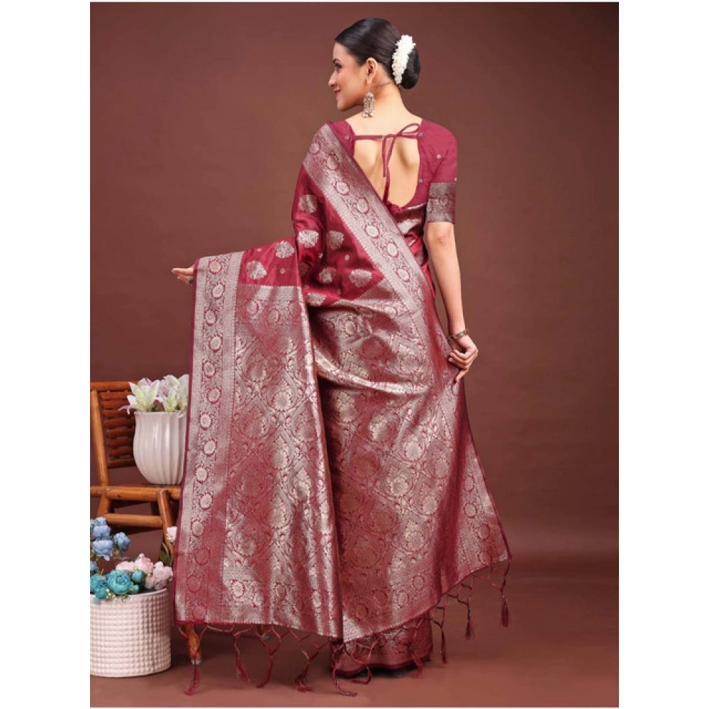 Women's Banarasi Silk Printed Saree With Unstitched Blouse 5.5Mtr (Maroon) Women's Banarasi Silk Printed Saree With Unstitched Blouse 5.5Mtr (Maroon)