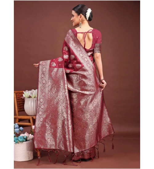 Women's Banarasi Silk Printed Saree With Unstitched Blouse 5.5Mtr (Maroon)