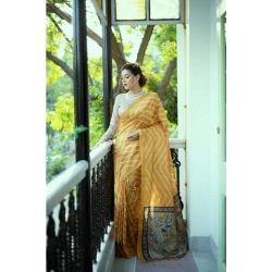 Women's Faux_Tussar_Silk Geometric_Print Saree With Unstitched Blouse 5.5Mtr (Mustard)