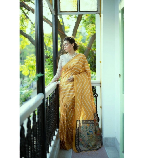 Women's Faux_Tussar_Silk Geometric_Print Saree With Unstitched Blouse 5.5Mtr (Mustard)
