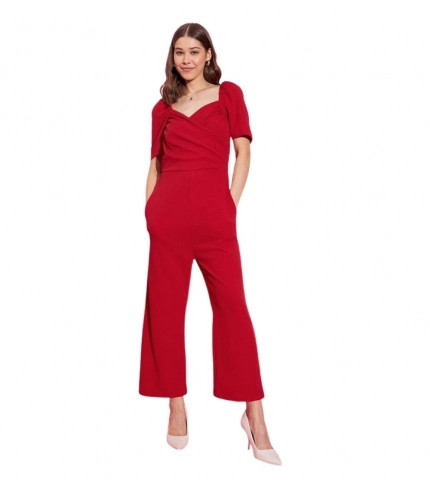 Women's Polyester Lycra Solid Puff Sleeve Jumpsuit (Red)