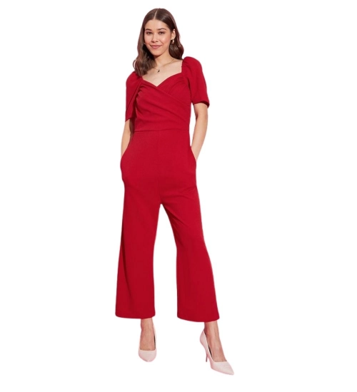 Women's Polyester Lycra Solid Puff Sleeve Jumpsuit (Red)
