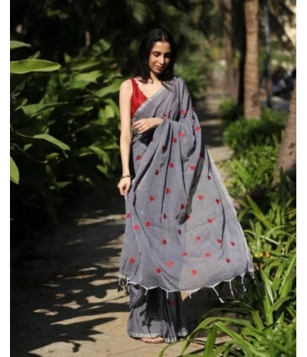 Women's Linen Printed Saree With Unstitched Blouse 5.5Mtr (Grey)