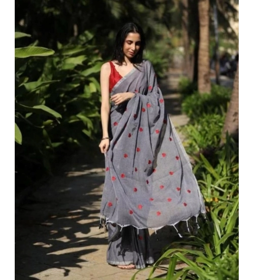 Women's Linen Printed Saree With Unstitched Blouse 5.5Mtr (Grey)