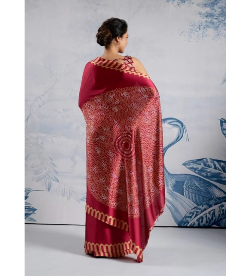 Women's Satin Crepe Printed Saree With Unstitched Blouse 5.5Mtr (Maroon)