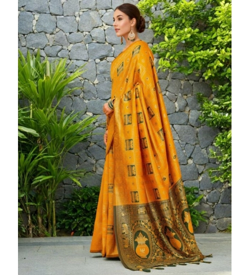 Women's Silk Blend Woven Zari Work Saree With Unstitched Blouse 5.5Mtr (Mustard)