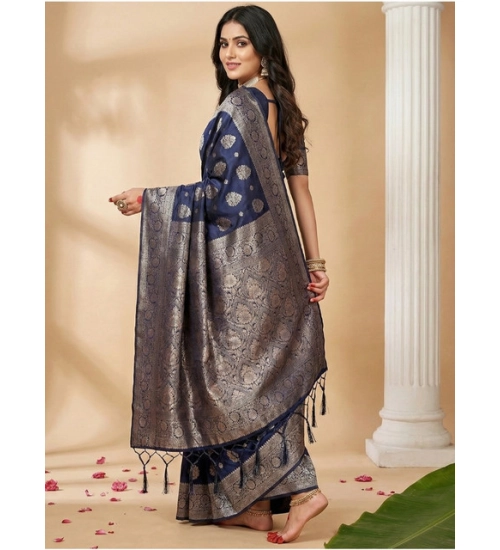 Women's Silk Blend Printed Saree With Unstitched Blouse 5.5Mtr (Navy Blue)