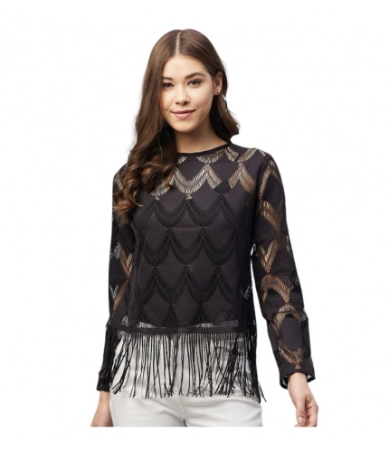 Women's Lace Self Design Short Sleeve Top (Black)