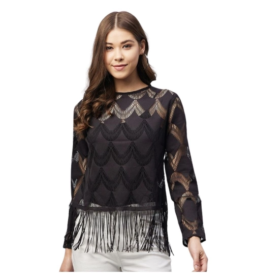 Women's Lace Self Design Short Sleeve Top (Black)
