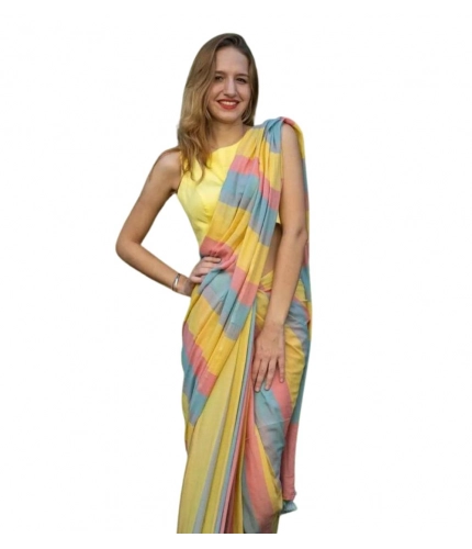 Women's Linen Printed Saree With Unstitched Blouse 5.5Mtr (Multicolor)