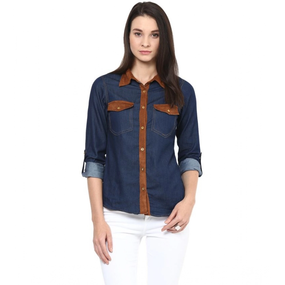 Women's Denim Cotton based Solid Long Sleeves Shirt (Blue) Women's Denim Cotton based Solid Long Sleeves Shirt (Blue)