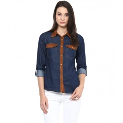 Women's Denim Cotton based Solid Long Sleeves Shirt (Blue)