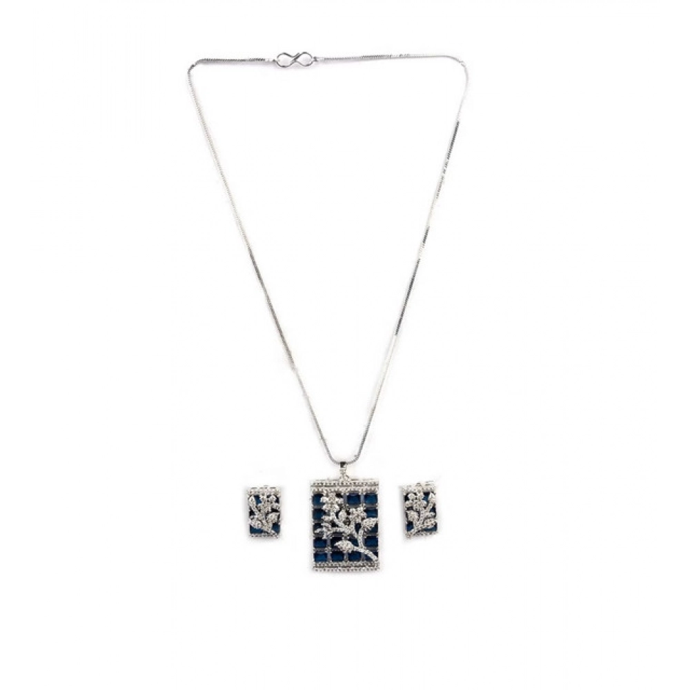 Women's Brass Silver Plated Pendant Set (Blue)