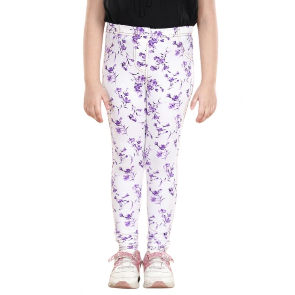 Girl's Cotton Lycra Floral Elasticated Jeggings (White-Lavender)