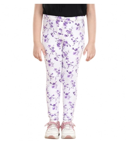 Girl's Cotton Lycra Floral Elasticated Jeggings (White-Lavender) Girl's Cotton Lycra Floral Elasticated Jeggings (White-Lavender)