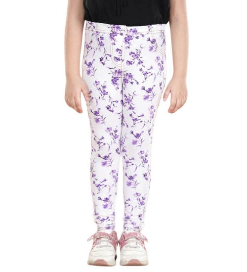 Girl's Cotton Lycra Floral Elasticated Jeggings (White-Lavender) Girl's Cotton Lycra Floral Elasticated Jeggings (White-Lavender)