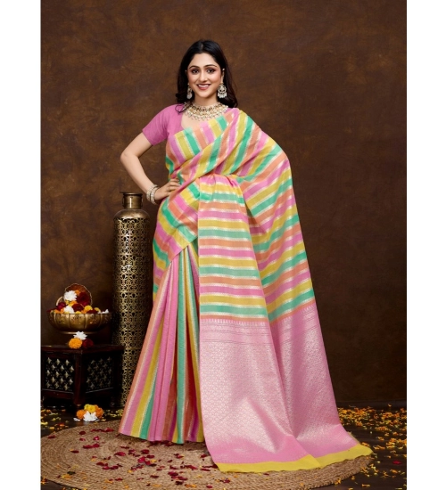Women's Cotton Blended Printed Saree With Unstitched Blouse 5.5Mtr (Pink)