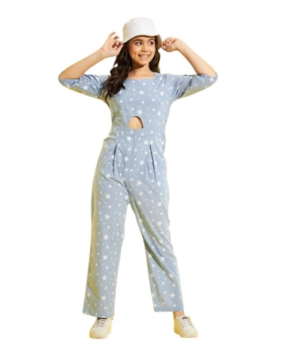 Girl's Cotton Printed 3-4th Sleeve Jumpsuit (Blue - White)