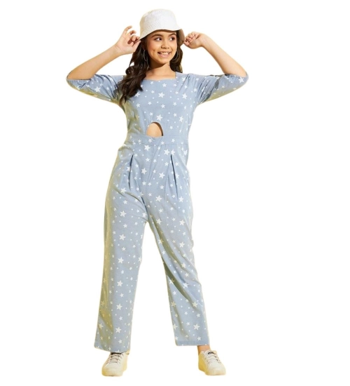 Girl's Cotton Printed 3-4th Sleeve Jumpsuit (Blue - White)