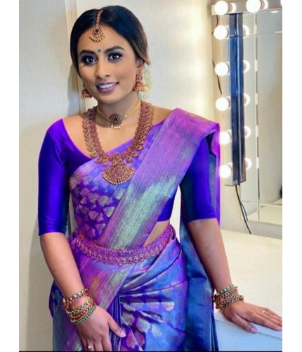 Women's Litchi silk Printed Saree With Unstitched Blouse (Blue)