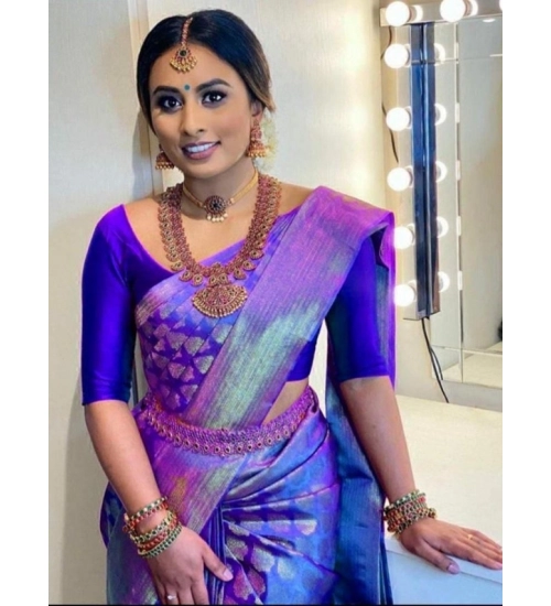 Women's Litchi silk Printed Saree With Unstitched Blouse (Blue)