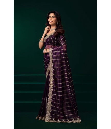 Women's Net Sequence Saree With Unstitched Blouse 5.5Mtr (Wine)